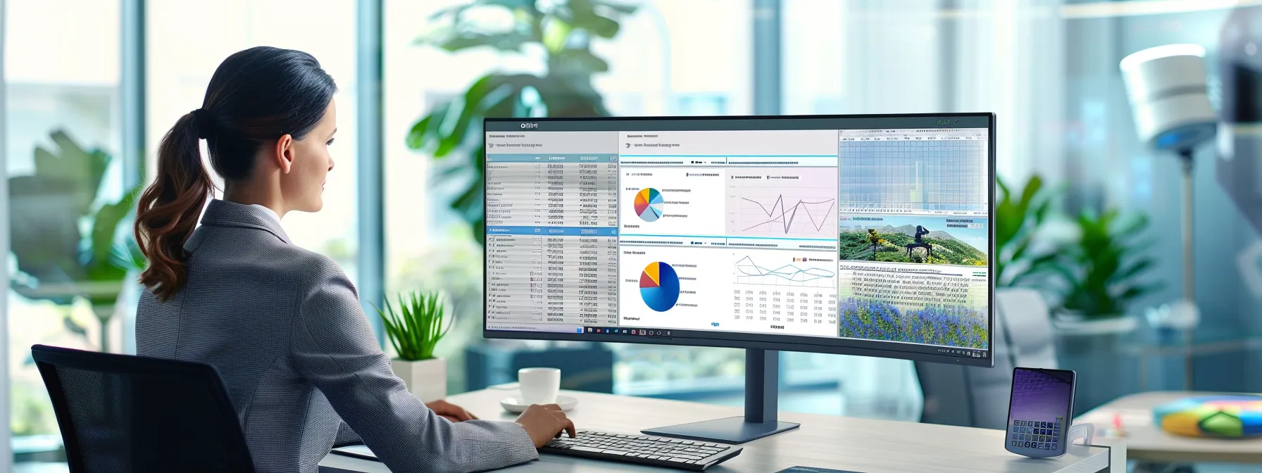 Businesswoman using technology expense management software on a large monitor